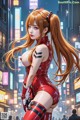 A woman in a red latex outfit standing in the middle of a city.