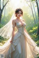 A woman in a wedding dress standing in the woods.