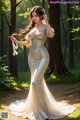 A woman in a wedding dress standing in the woods.