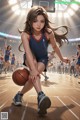 A girl in a basketball uniform dribbling a basketball on a court.