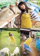 A woman in overalls and a striped shirt is petting a goat.