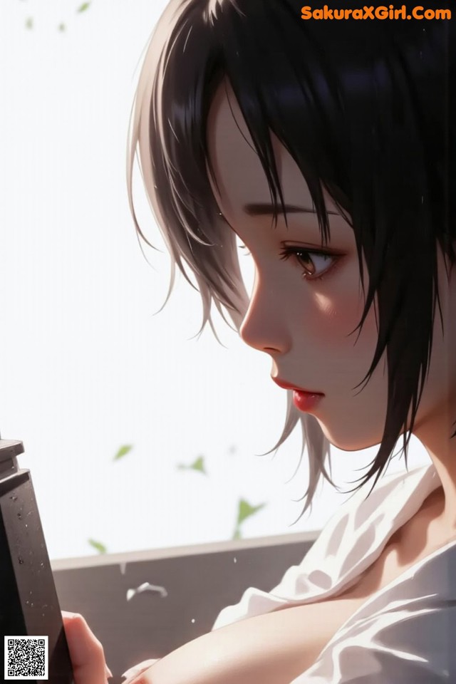 A girl with short black hair looking out a window.